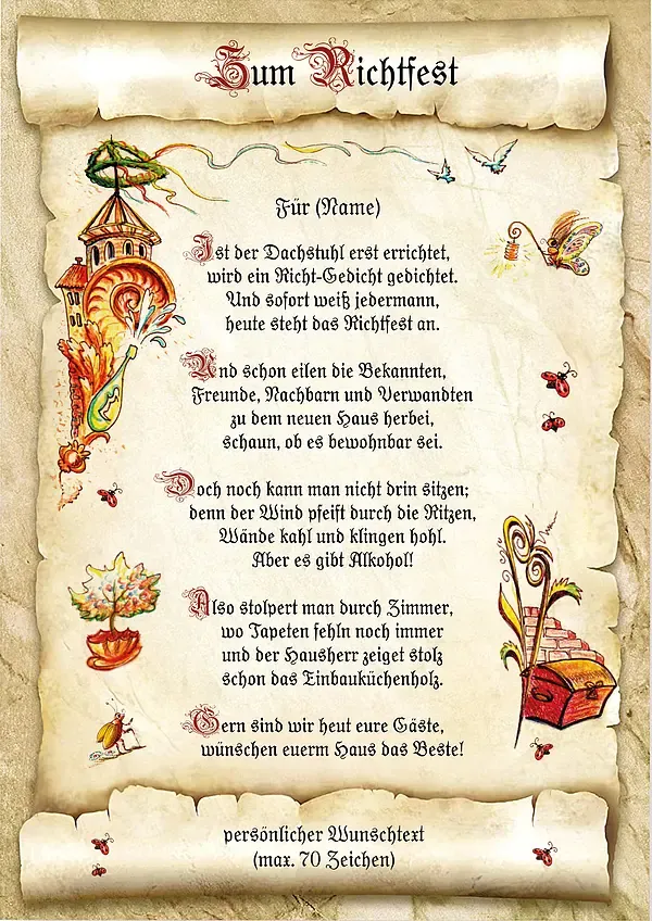Urkunde Richtfest mit persönlichem Wunschtext Urkunde Richtfest mit persönlichem Wunschtext