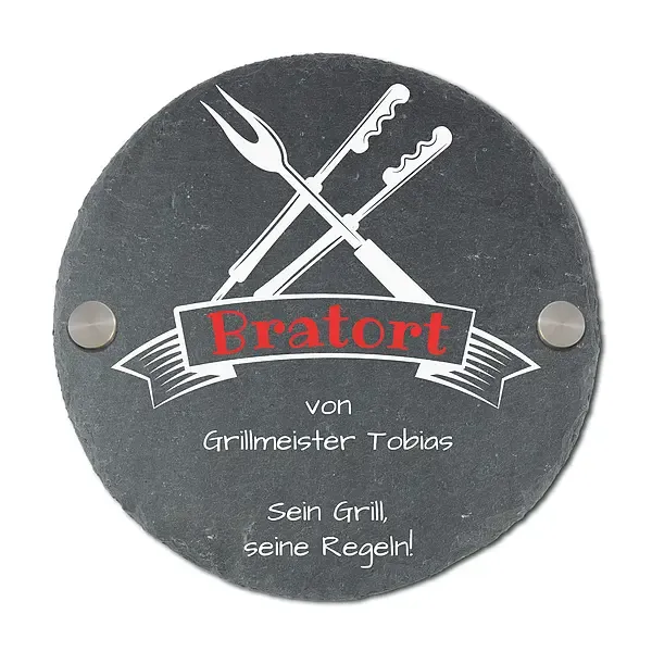Rundes Schieferschild für Grillmeister mit Name  Rundes Schieferschild für Grillmeister mit Name