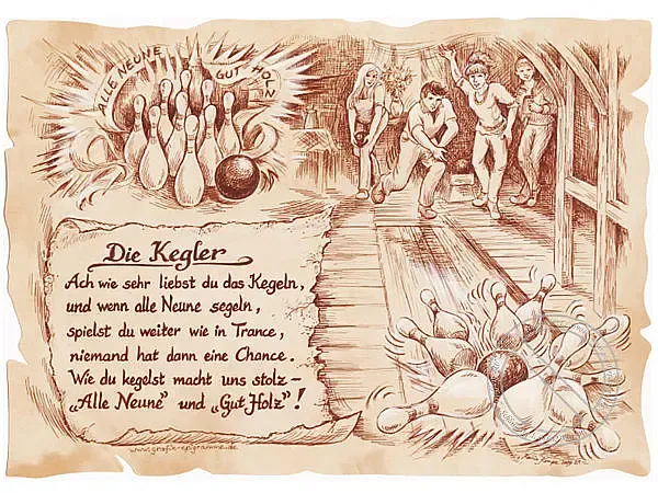 Sportbild Kegler auf Antikpapier im A4-Format Sportbild Kegler auf Antikpapier im A4-Format