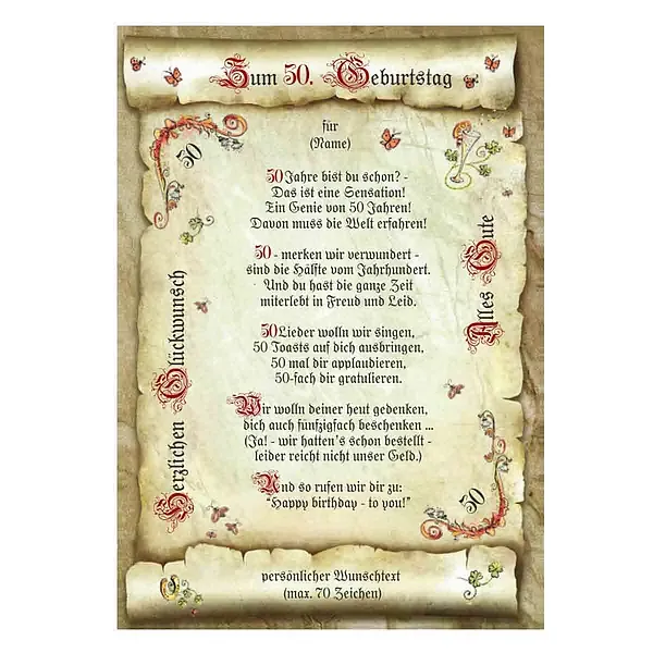 Urkunde zum 50. Geburtstag mit Ihrem Wunschtext Urkunde zum 50. Geburtstag mit Ihrem Wunschtext