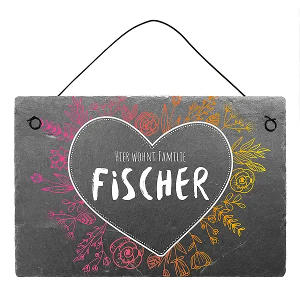 Türschild aus farbig bedrucktem Schiefer mit Herz und Familiennamen 30 x 20 cm Türschild aus farbig bedrucktem Schiefer mit Herz und Familiennamen 30 x 20 cm