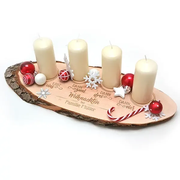 Baumscheiben-Adventskranz "Erst eins, dann zwei, ..." - mit Personalisierung Baumscheiben-Adventskranz "Erst eins, dann zwei, ..." - mit Personalisierung