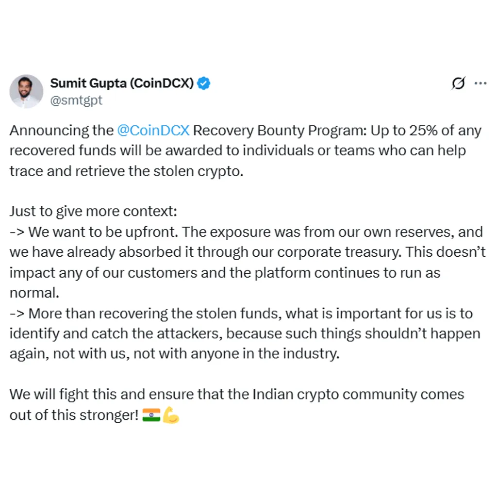 CoinDCX announces white hat recovery bounty after M hack CoinDCX announces white hat recovery bounty after M hack