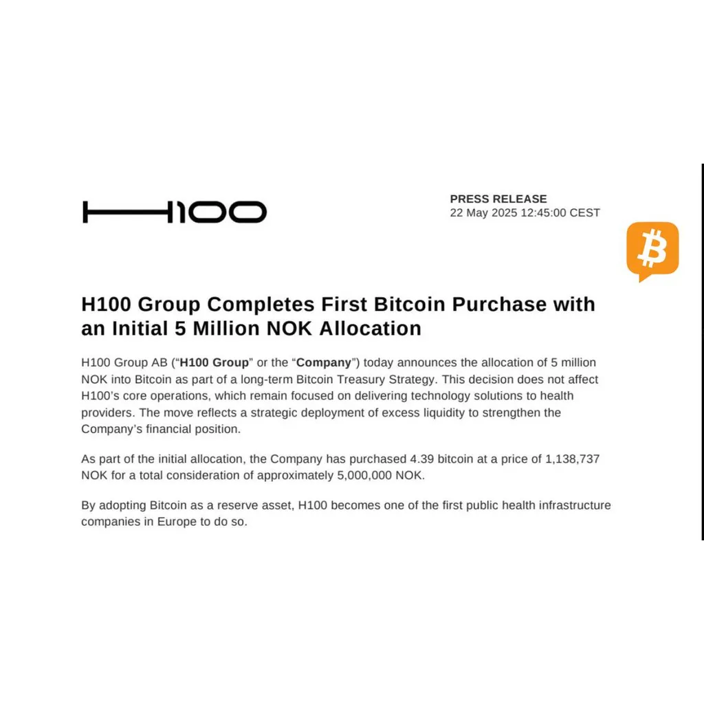 Swedish Healthcare Firm H100 Group Buys 4.39 BTC, Becomes Sweden’s First Public Bitcoin Treasury Company – “The Defiant” Swedish Healthcare Firm H100 Group Buys 4.39 BTC, Becomes Sweden’s First Public Bitcoin Treasury Company – “The Defiant”