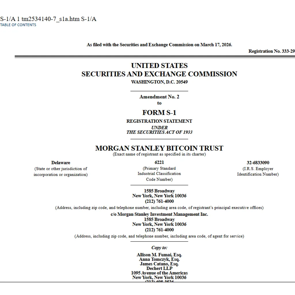 Morgan Stanley Amends SEC Filing for First Bank Bitcoin ETF Under Ticker MSBT Morgan Stanley Amends SEC Filing for First Bank Bitcoin ETF Under Ticker MSBT