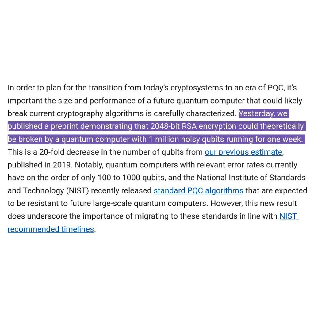 Google Quantum AI Breakthrough Makes 2048-bit RSA Encryption 20 Times Easier to Break in One Week, Threatens Bitcoin Within Five Years Google Quantum AI Breakthrough Makes 2048-bit RSA Encryption 20 Times Easier to Break in One Week, Threatens Bitcoin Within Five Years