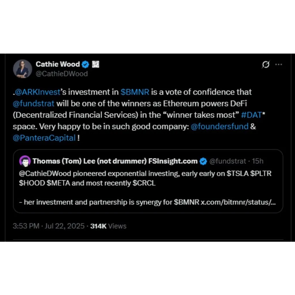 Cathie Wood Supports Ethereum Treasury Strategy with 2M BitMine Bet Cathie Wood Supports Ethereum Treasury Strategy with 2M BitMine Bet