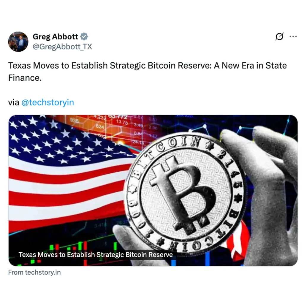 Texas Governor Greg Abbott Signals Support to Sign Strategic Bitcoin Reserve Bill Establishing State-Level Bitcoin Reserve Texas Governor Greg Abbott Signals Support to Sign Strategic Bitcoin Reserve Bill Establishing State-Level Bitcoin Reserve