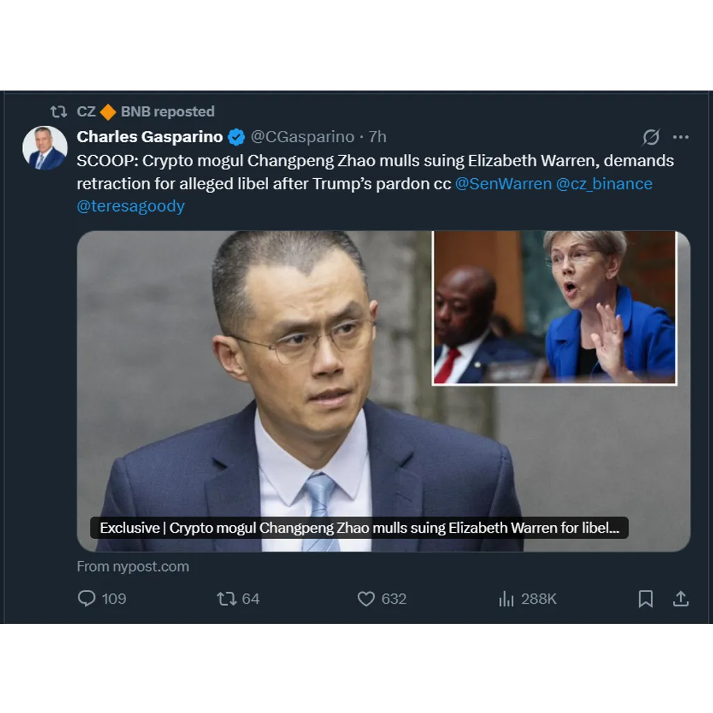 Changpeng Zhao confirms defamation lawsuit plans against Senator Elizabeth Warren Changpeng Zhao confirms defamation lawsuit plans against Senator Elizabeth Warren