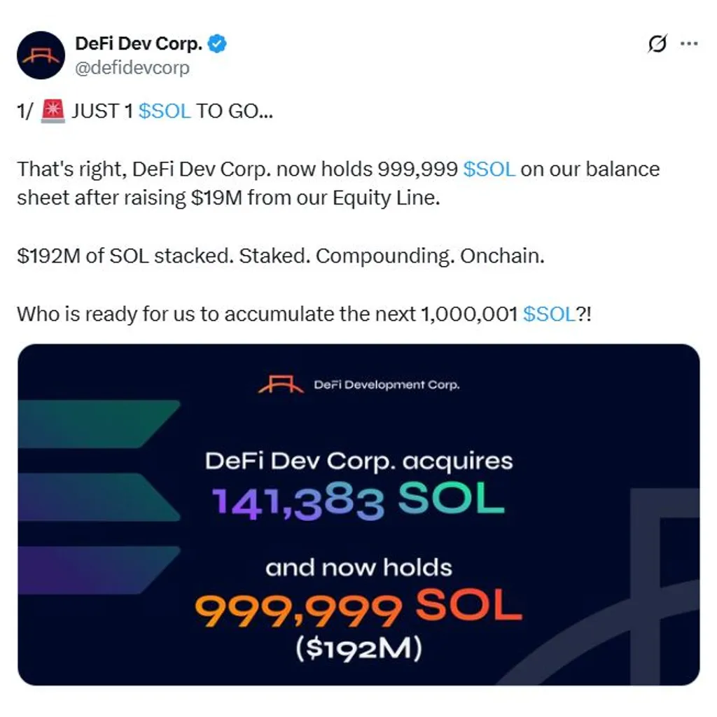 DeFi Development Corp hits 999,999 SOL, Solana soars 12% DeFi Development Corp hits 999,999 SOL, Solana soars 12%