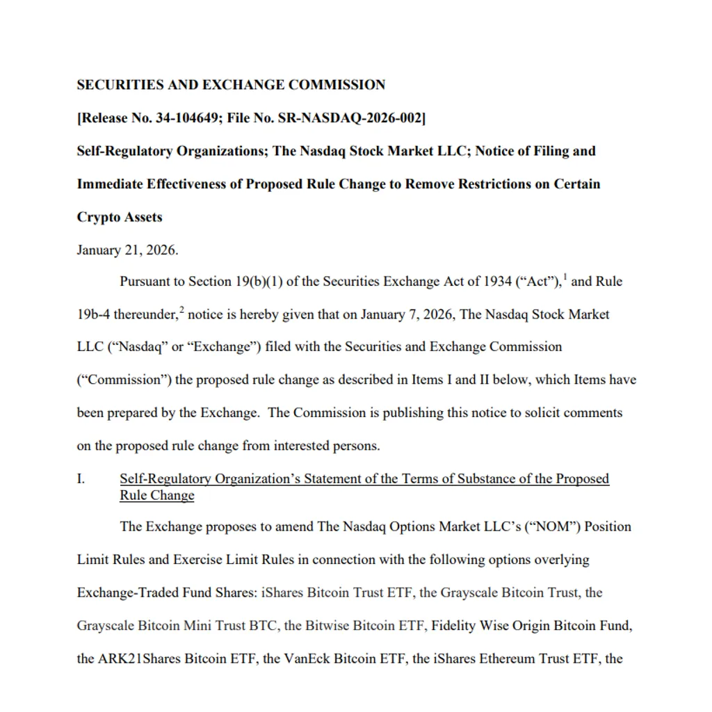 Nasdaq Files with US SEC to Remove Bitcoin and Ethereum ETFs Restrictions Nasdaq Files with US SEC to Remove Bitcoin and Ethereum ETFs Restrictions