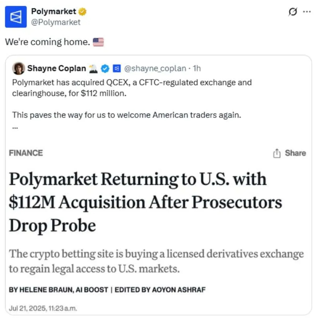Polymarket Returns to US Market with 2 Million Exchange Acquisition – Brave New Coin Polymarket Returns to US Market with 2 Million Exchange Acquisition – Brave New Coin
