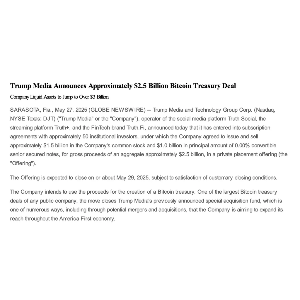 Trump Media Plans .5 Billion Bitcoin Treasury, Funds Deal With Equity and Convertible Notes – “The Defiant” Trump Media Plans .5 Billion Bitcoin Treasury, Funds Deal With Equity and Convertible Notes – “The Defiant”
