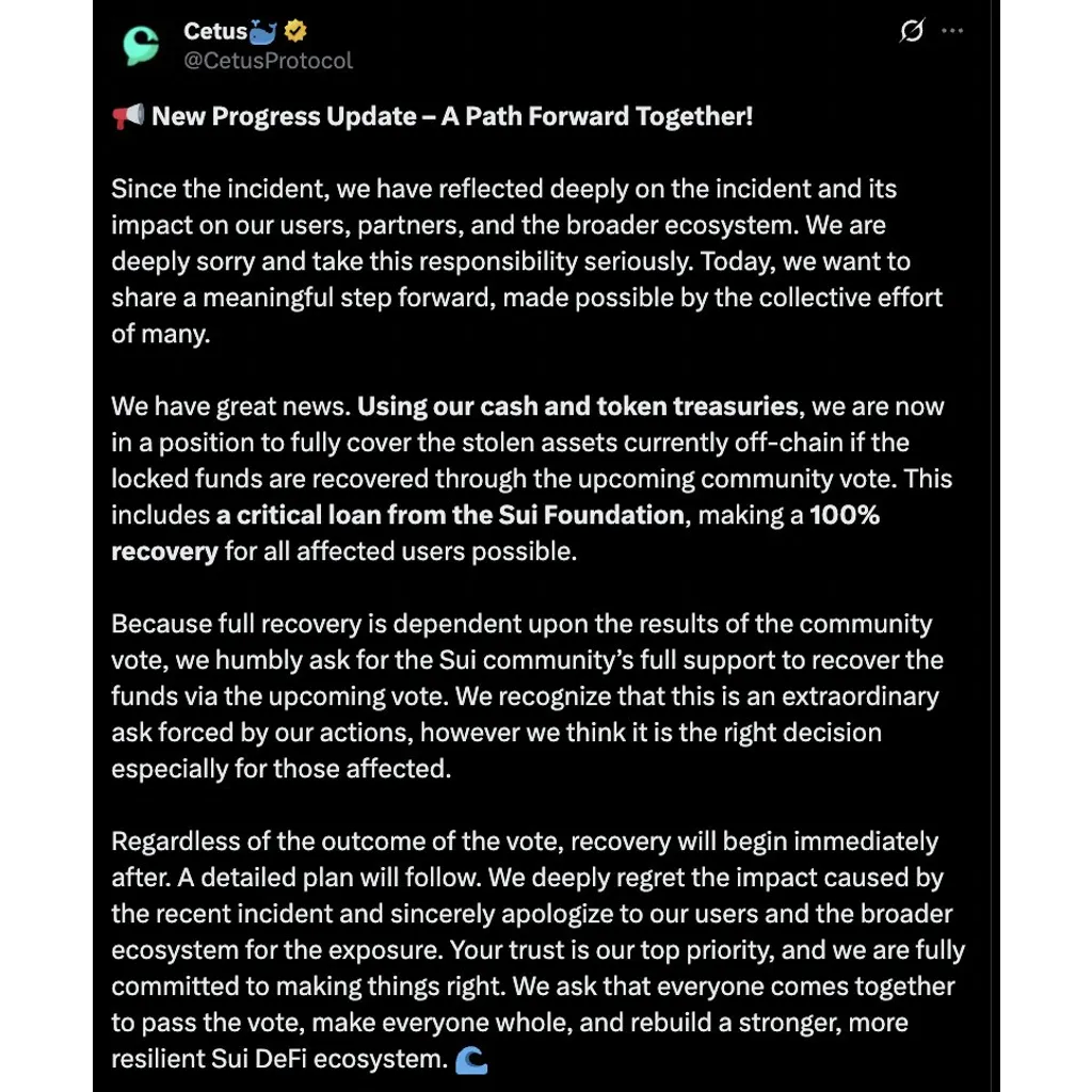 Cetus to Fully Compensate Users After 3 Million Exploit, Sui Community Vote to Decide 2 Million Release – “The Defiant” Cetus to Fully Compensate Users After 3 Million Exploit, Sui Community Vote to Decide 2 Million Release – “The Defiant”