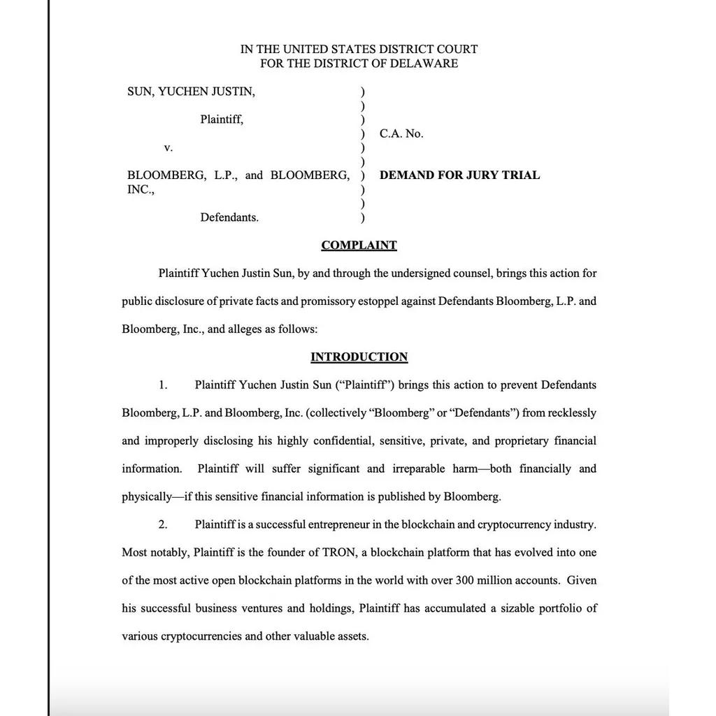 Justin Sun sues Bloomberg in Delaware court over .4 billion crypto holdings dispute Justin Sun sues Bloomberg in Delaware court over .4 billion crypto holdings dispute