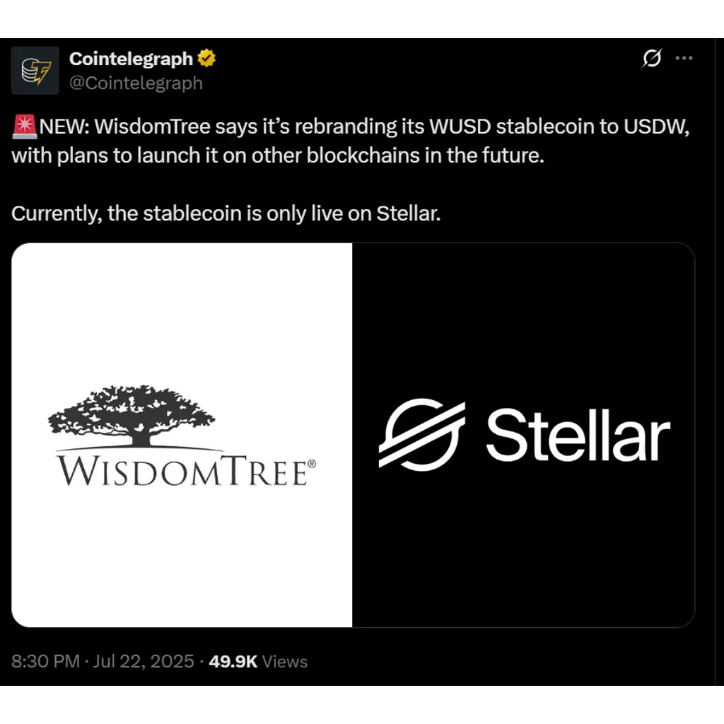 WisdomTree’s USDW stablecoin to pay dividends on tokenized assets WisdomTree’s USDW stablecoin to pay dividends on tokenized assets
