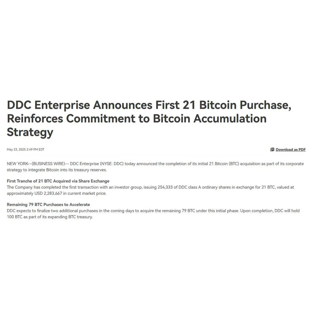 NYSE-Listed DDC Enterprise (DayDayCook) Buys 21 Bitcoin for .28M, Targets 5,000 BTC, Shares Drop 12% NYSE-Listed DDC Enterprise (DayDayCook) Buys 21 Bitcoin for .28M, Targets 5,000 BTC, Shares Drop 12%