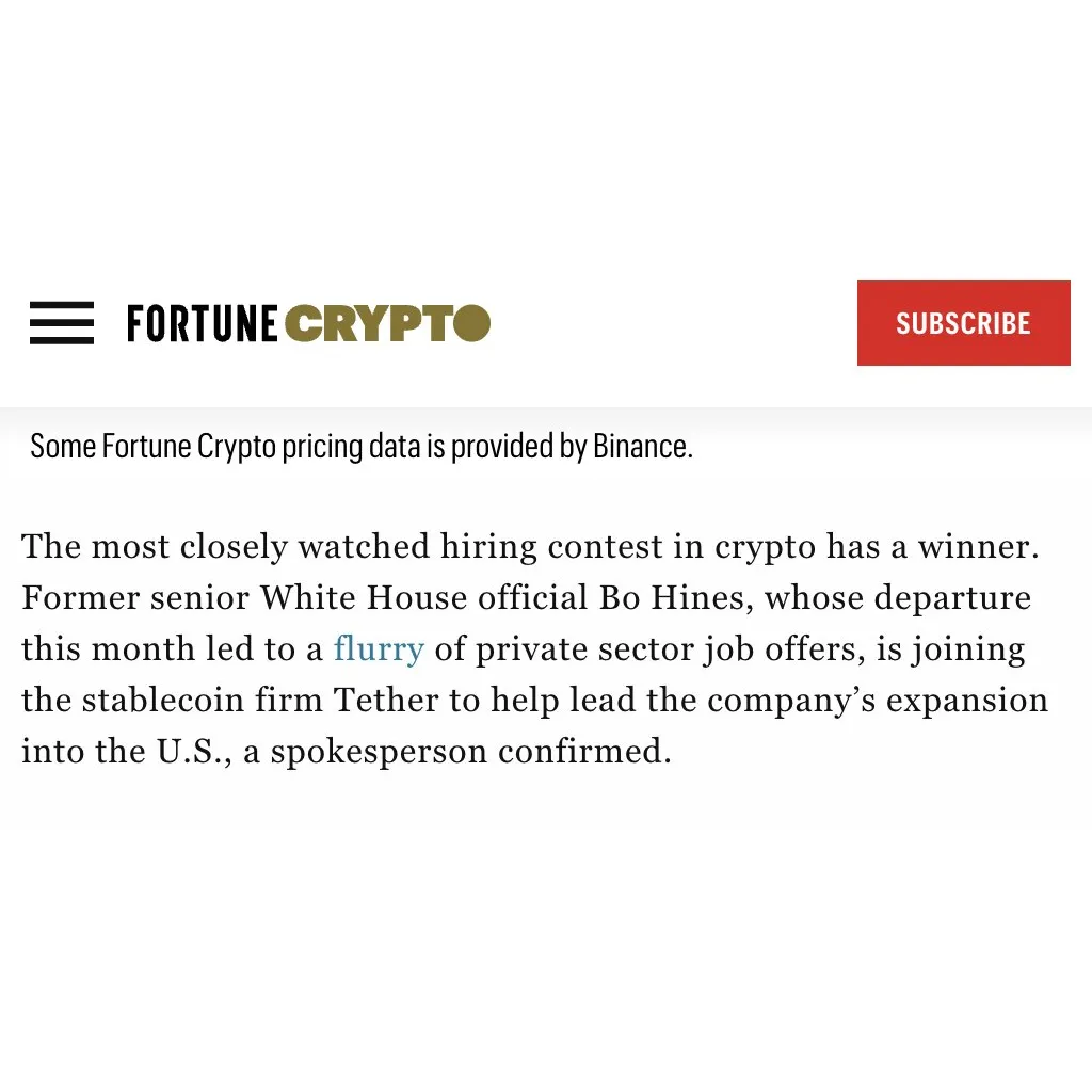 Tether hires former White House adviser Bo Hines for US regulatory expansion in 2024 Tether hires former White House adviser Bo Hines for US regulatory expansion in 2024