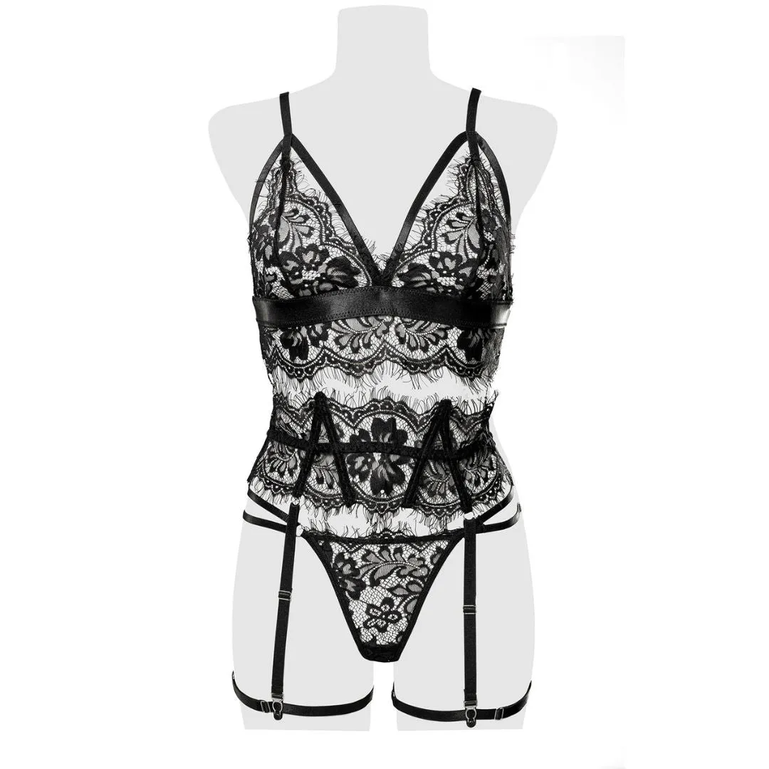 Bralette aus feiner Spitze mit String und Strapsgürtel – Bild 5