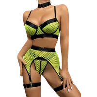 5tlg. Dessous Set mit Netz schwarz neon 5tlg. Dessous Set mit Netz schwarz neon