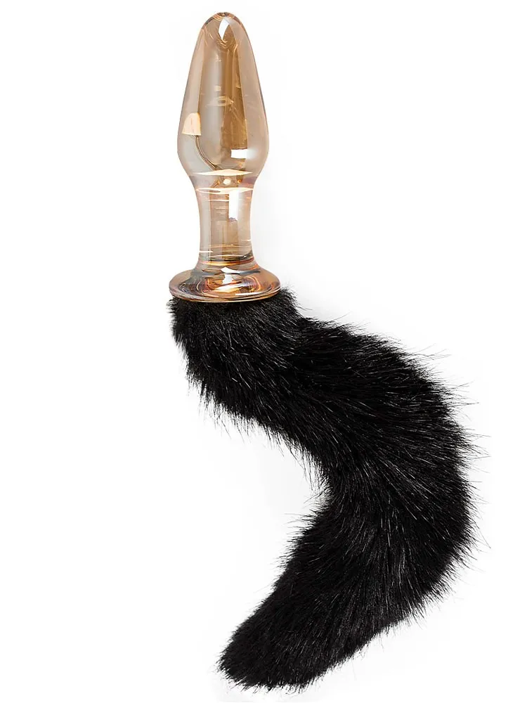 Glas-Analplug mit Schweif, gold/schwarz Glas-Analplug mit Schweif, gold/schwarz