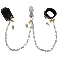 Handfessel-Set mit Analplug, Kette und 3 Schlösser Handfessel-Set mit Analplug, Kette und 3 Schlösser