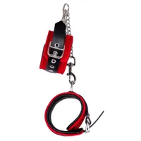 Handfessel aus rotem Veloursleder, mit abnehmbarer Kette Handfessel aus rotem Veloursleder, mit abnehmbarer Kette