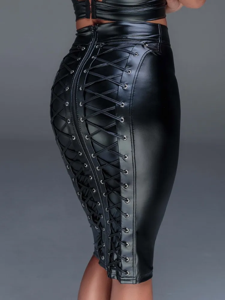 Noir Handmade: Wetlook-Bleistiftrock mit Schnürung F152, schwarz (S) Noir Handmade: Wetlook-Bleistiftrock mit Schnürung F152, schwarz (S)