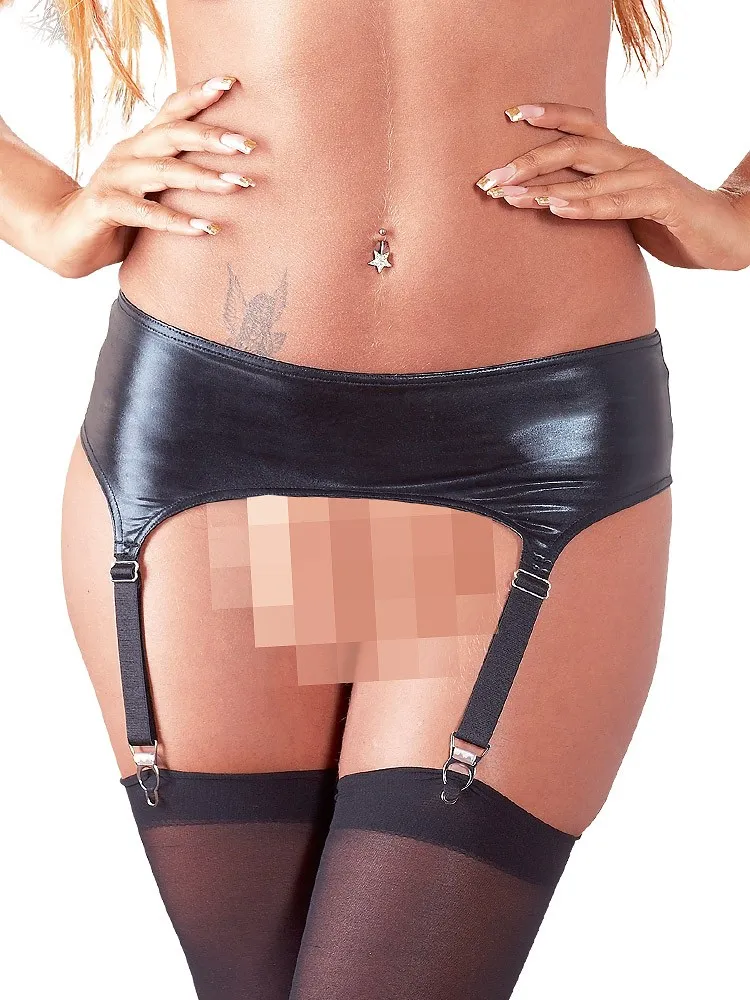 Wetlook-Strapsgürtel und Strümpfe, schwarz (XL) Wetlook-Strapsgürtel und Strümpfe, schwarz (XL)