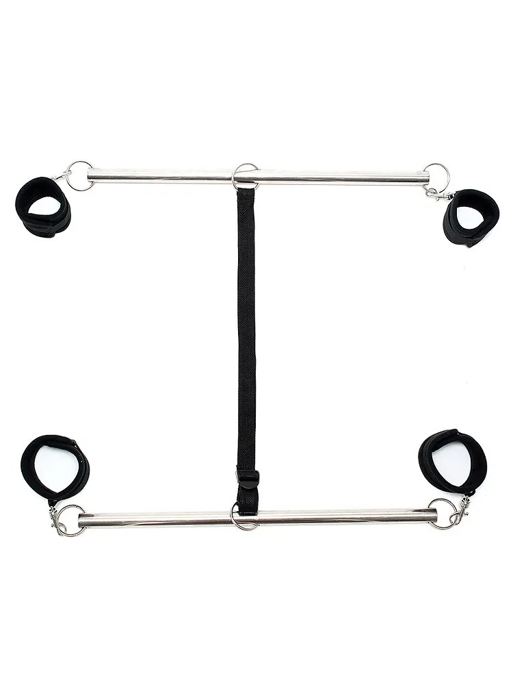 Double Spreader Bar: Doppelspreizstange mit Soft-Fesseln, schwarz/silber Double Spreader Bar: Doppelspreizstange mit Soft-Fesseln, schwarz/silber