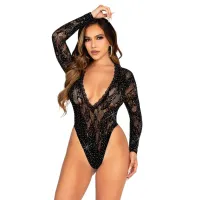 Leg Avenue – Spitzen-Bodysuit mit Deep-V-Ausschnitt – Schwarz Leg Avenue – Spitzen-Bodysuit mit Deep-V-Ausschnitt – Schwarz