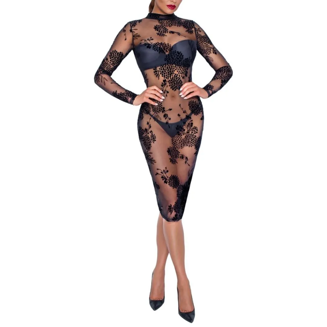 Langarmkleid mit Powernet und Blüten-Samtflockprint Langarmkleid mit Powernet und Blüten-Samtflockprint