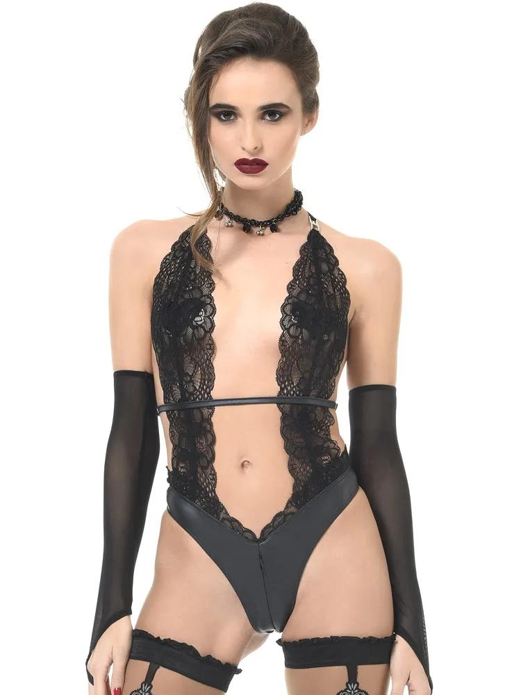 Patrice Catanzaro Camille: Wetlook-Spitzen-Stringbody, schwarz (L) Patrice Catanzaro Camille: Wetlook-Spitzen-Stringbody, schwarz (L)