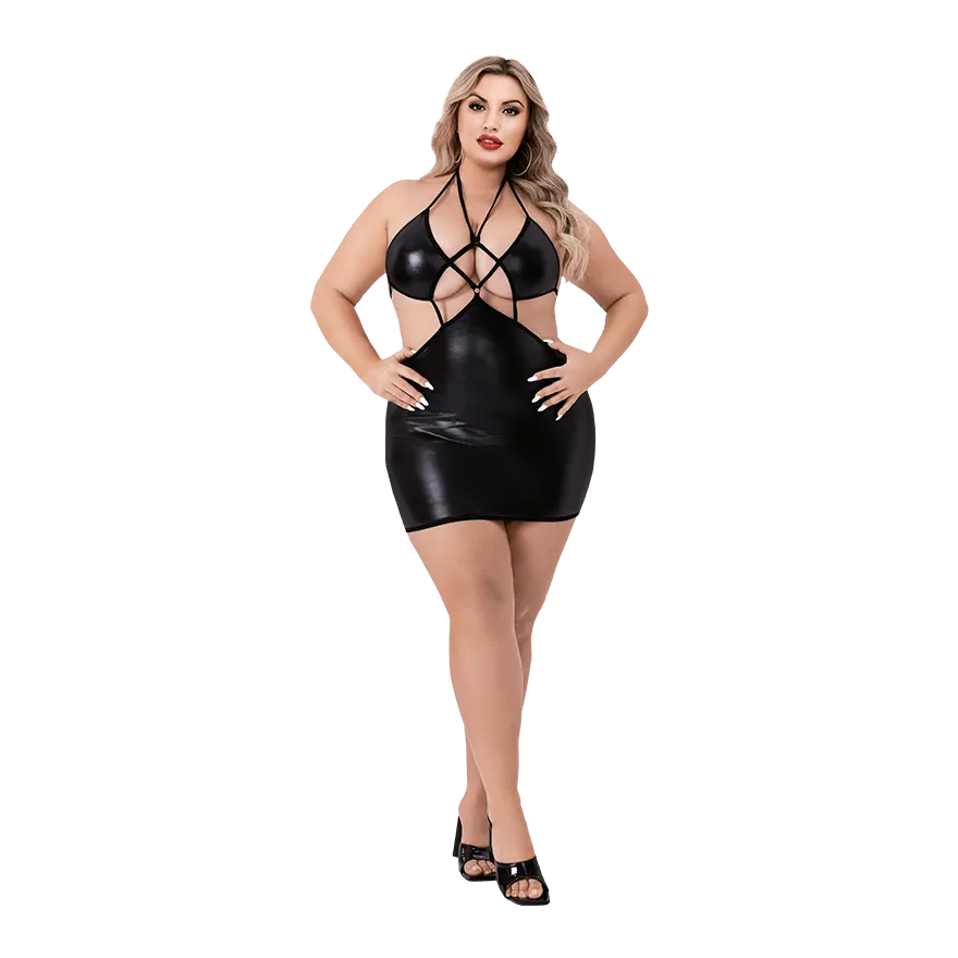 White Label - Criss Cross Wetlook Halter Mini Dress White Label - Criss Cross Wetlook Halter Mini Dress