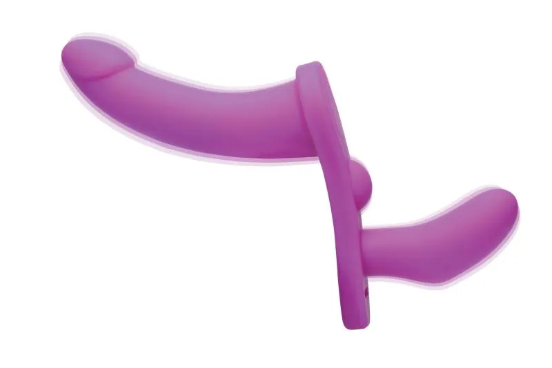 XR Brands - Doppeldildo mit Vibration und Gurt - Lila – Bild 3