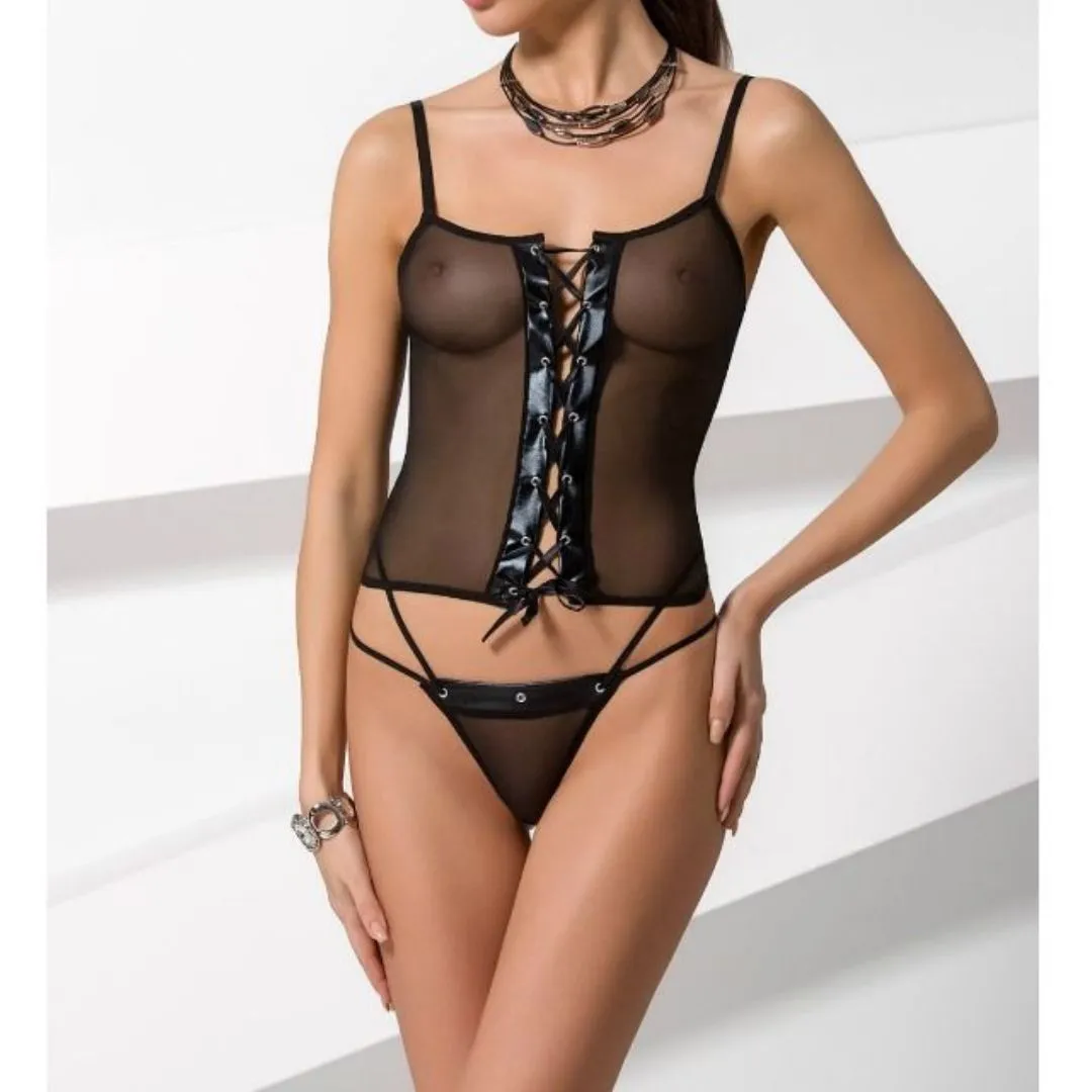Korsett-Top aus Mesh mit Wetlook Schnürung plus String – Bild 4