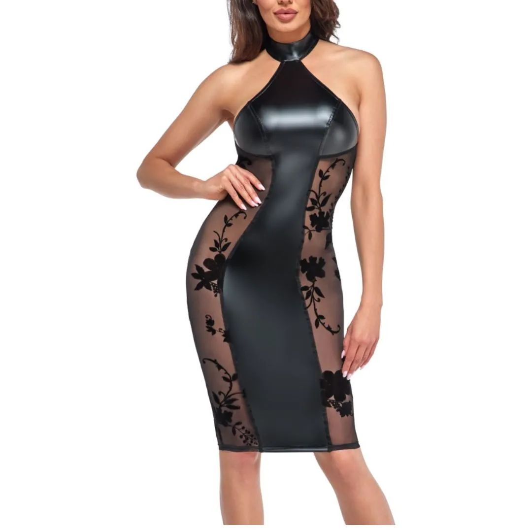 Kleid im Powerwetlook mit samtbeflockten Einsätzen Kleid im Powerwetlook mit samtbeflockten Einsätzen