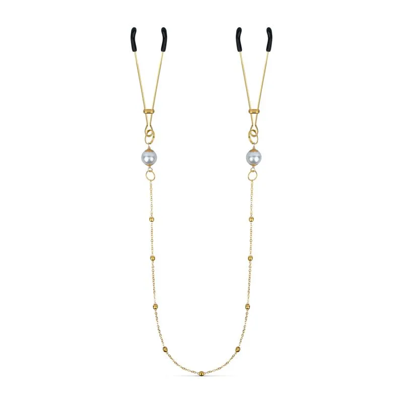 Goldene Brustwarzenklemmen mit Kette und Perlen – Bild 2