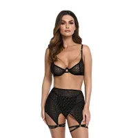 Raffiniertes 3-teiliges Dessous-Set mit edlem Tüll und goldenen Stickereien Raffiniertes 3-teiliges Dessous-Set mit edlem Tüll und goldenen Stickereien