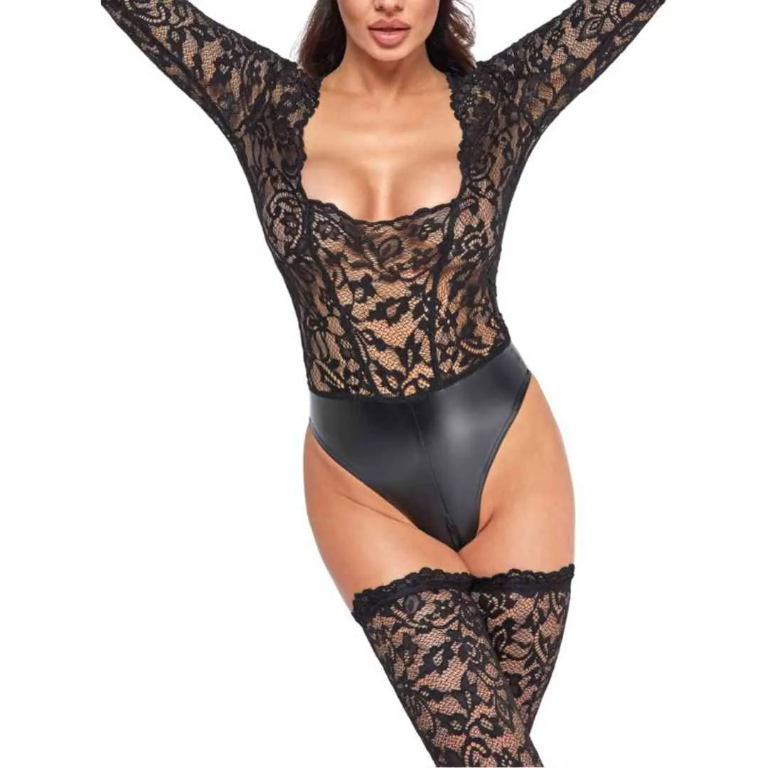 Langarm-Body aus Spitze mit Wetlook-Slip – Bild 4