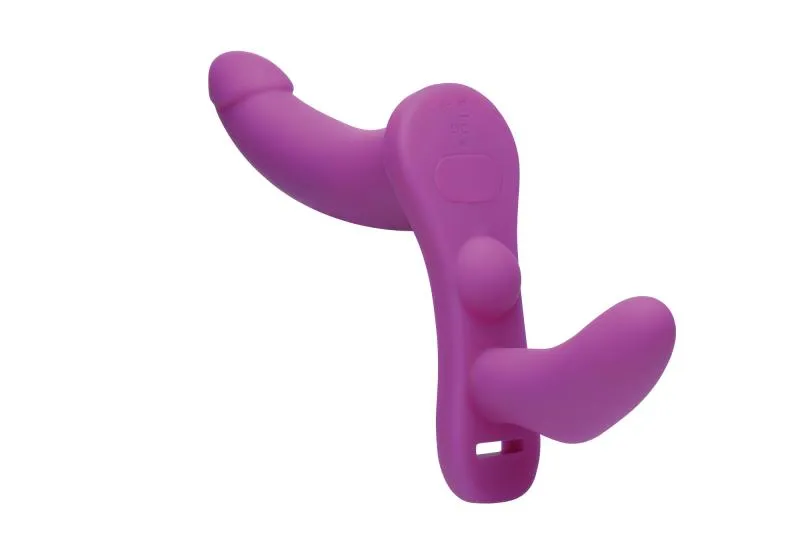 XR Brands - Doppeldildo mit Vibration und Gurt - Lila – Bild 4