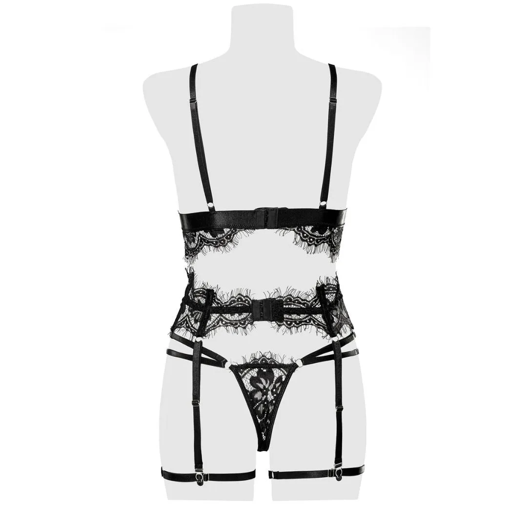 Bralette aus feiner Spitze mit String und Strapsgürtel – Bild 4