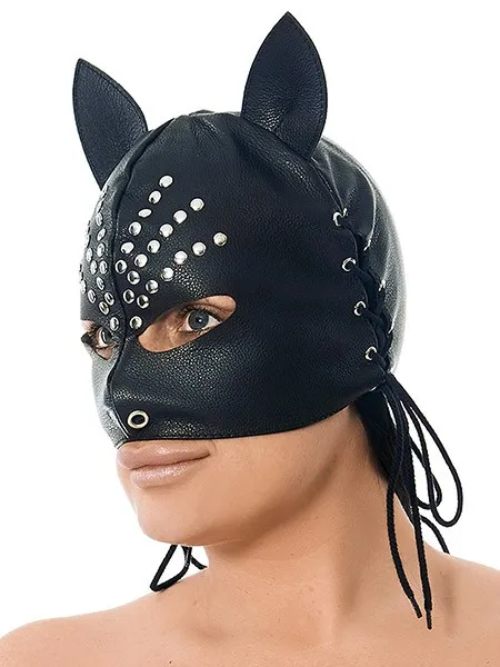 Leder-Kopfmaske mit Katzenohren, schwarz Leder-Kopfmaske mit Katzenohren, schwarz