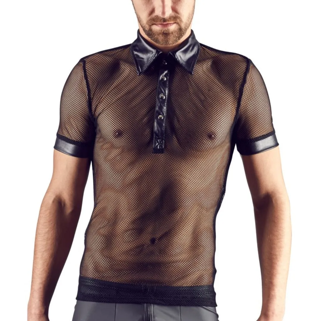 Hemd aus Netz und Wetlook mit Polokragen und kurzen Ärmeln Hemd aus Netz und Wetlook mit Polokragen und kurzen Ärmeln