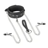 Kunstlederhalsband mit Kette und Nippelklemmen Kunstlederhalsband mit Kette und Nippelklemmen