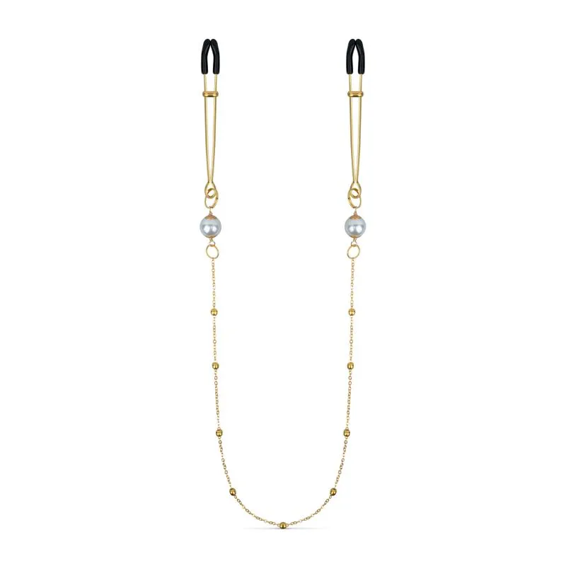 Goldene Brustwarzenklemmen mit Kette und Perlen Goldene Brustwarzenklemmen mit Kette und Perlen