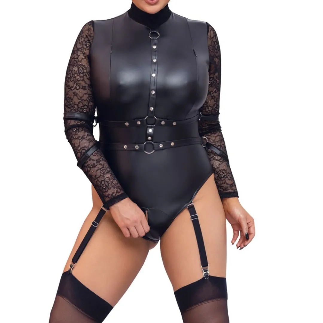 Body im Mattlook mit Spitzenärmeln und 4 Armfesseln Body im Mattlook mit Spitzenärmeln und 4 Armfesseln