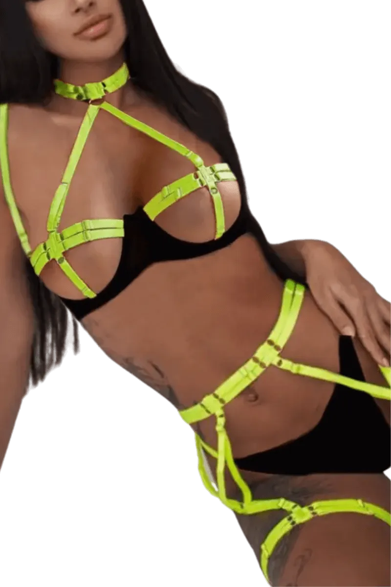 4tlg. Dessous Set mit Bändern - schwarz neongrün 4tlg. Dessous Set mit Bändern - schwarz neongrün