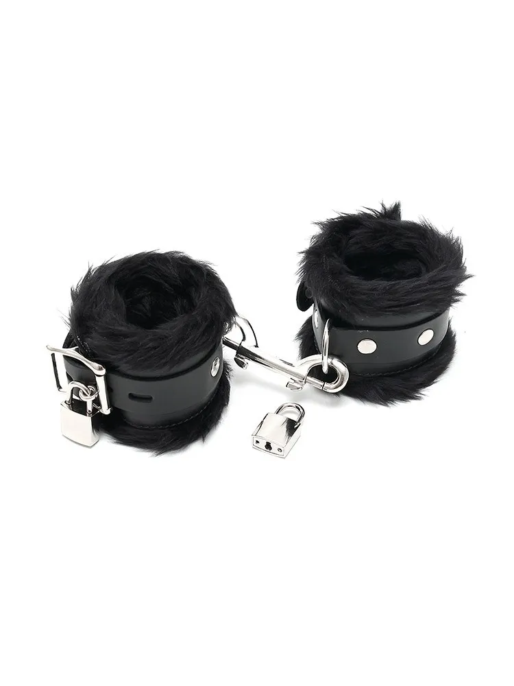 Leder-Fußfesseln mit Plüsch und abschließbar, schwarz Leder-Fußfesseln mit Plüsch und abschließbar, schwarz