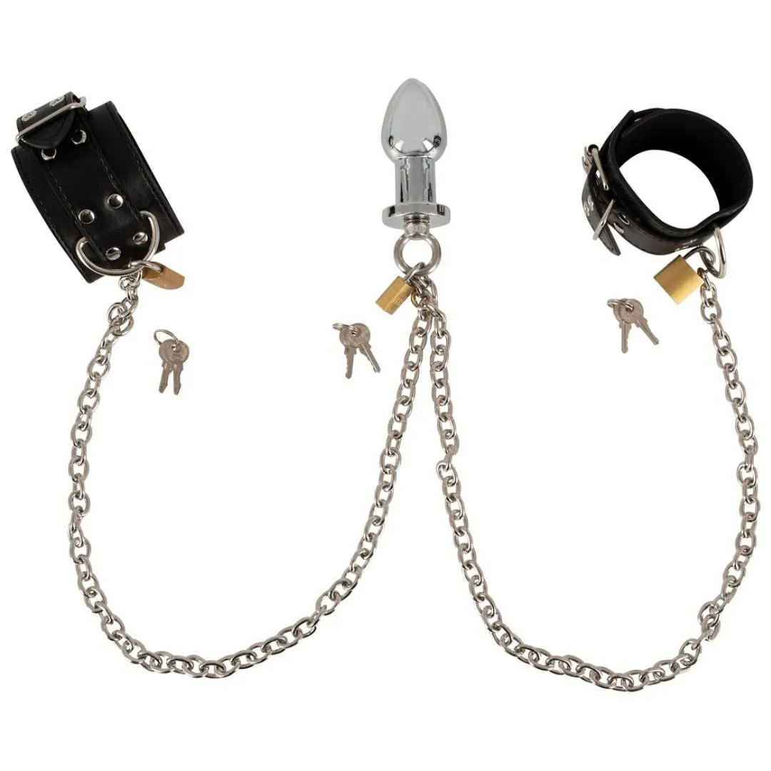 Handfessel-Set mit Analplug, Kette und 3 Schlösser Handfessel-Set mit Analplug, Kette und 3 Schlösser